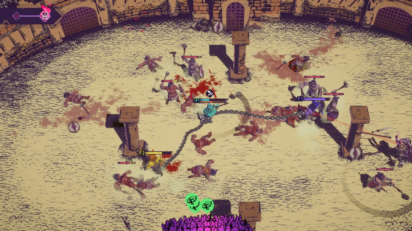 Three chained gladiators fight between stone pillars in a sandy arena.