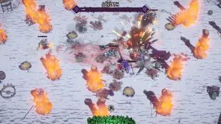 Two chained gladiators face Goliath in a snowy arena with burning pillars.