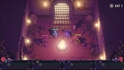Four colored gladiators gather around a brazier in the Day 1 preparation room.