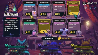 The merchant screen displays weapons, equipment and medicine choices.