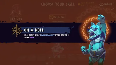 The trainer displays an On a Roll skill card beside a blue gladiator.